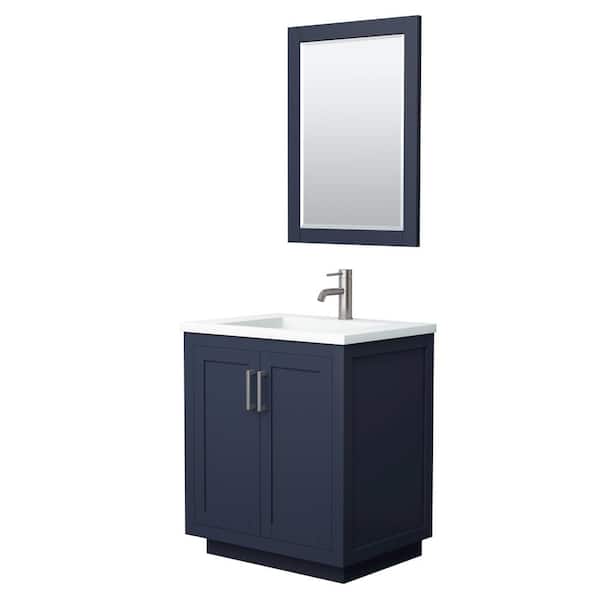 Wyndham Collection Miranda 30 in. W x 22 in. D x 34.25 in. H Single Bath Vanity in Dark Blue with Matte White Solid Surface Top and Mirror