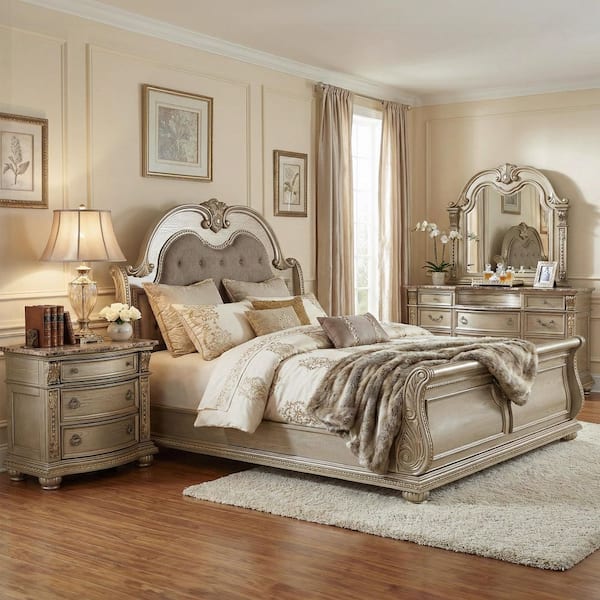 Rilon 4-Piece Gold Champagne Wood Queen Panel Bedroom Set with Nightstand and Dresser/Mirror