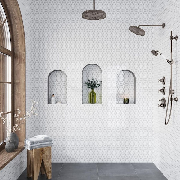 Nubes 12 in. x 12 in. Polished Pearl White Thassos Marble Mosaic Hexagon Wall and Floor Tile (4.83 sq. ft./case) 5-Pack