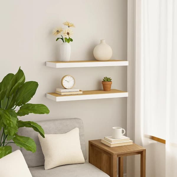 Zyno 31.5 in. W x 31.5 in. D White and Oak Brown Wood Solid Decorative Wall Shelf Set of 2