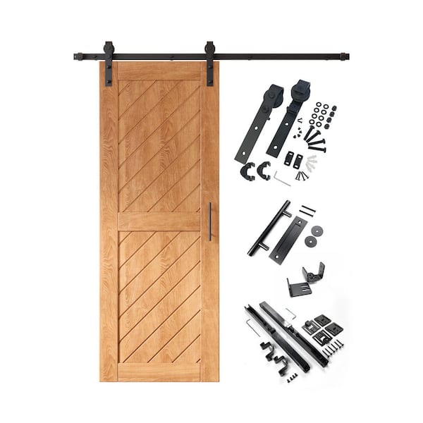 HOMACER XT1 26 in. x 80 in. C-Panel Early American Slanted Stripe Design Solid Pine Wood Sliding Barn Door with Hardware Kit