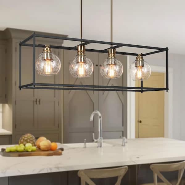 32.5 in. 4-Light Black Modern Island Chandelier, Globe Seeded Glass Pendant Light, Brass-Plated Farmhouse Light Fixture