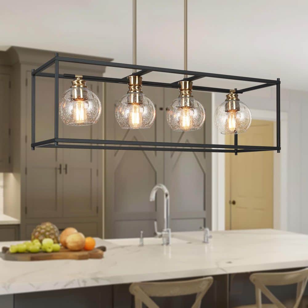 32.5 in. 4-Light Black Modern Island Chandelier, Globe Seeded Glass Pendant Light, Brass-Plated Farmhouse Light Fixture price history on PriceWatchPro