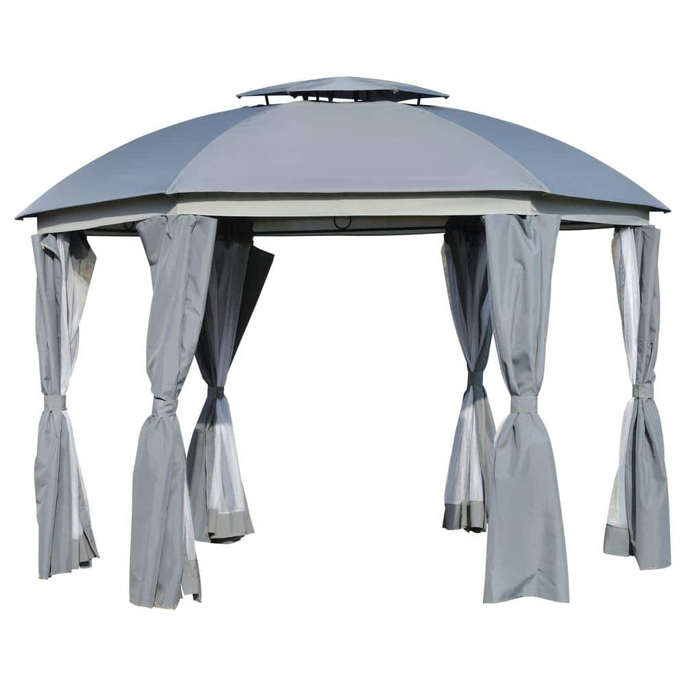 12' x 12' Gray Steel Patio Gazebo with Netting and Curtains