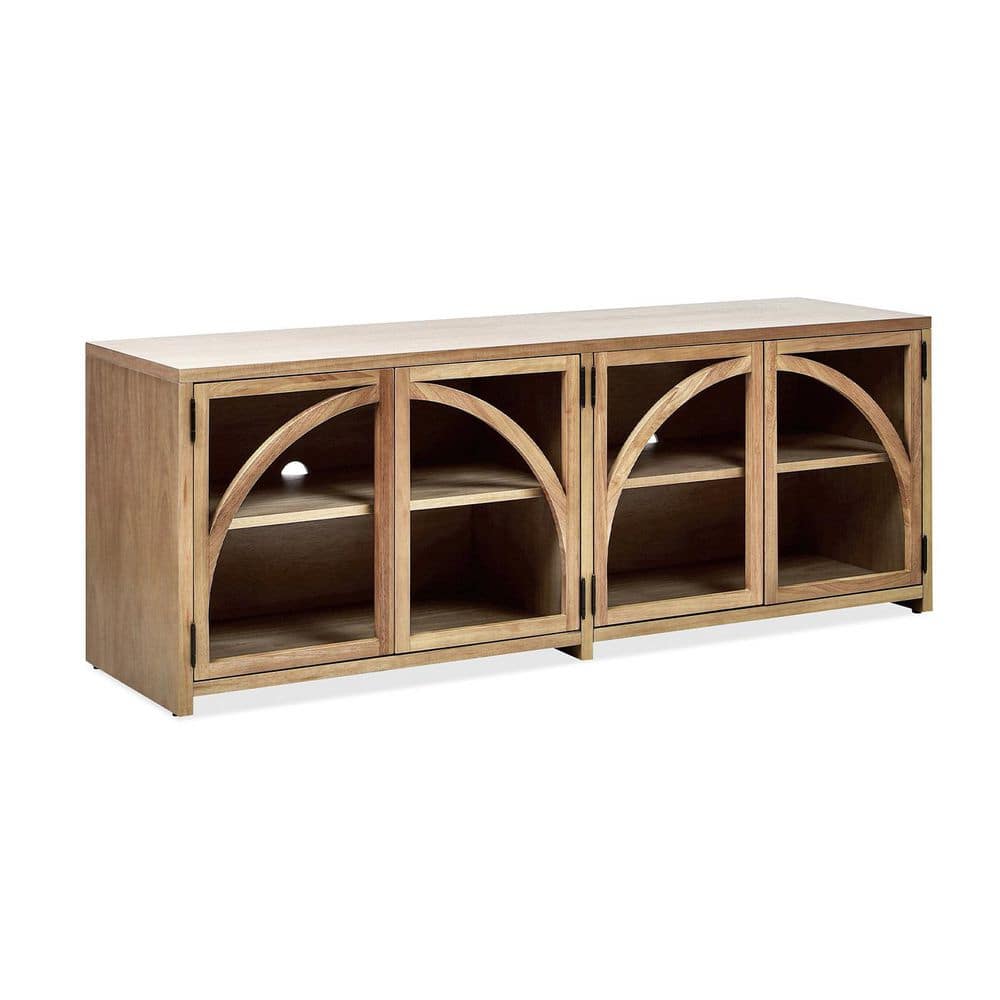 Oliver 65 in. Arched Front Open Shelf TV Stand Media Cabinet, Natural Brown Rubberwood