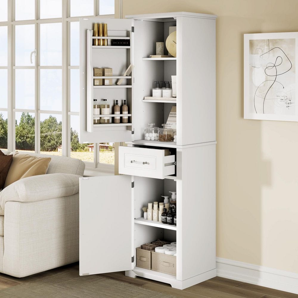 20 in. W x 15.8 in. D x 72.1 in. H White Wood Bathroom Storage Linen Cabinet with Different Size and Adjustable Shelf