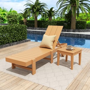 Shoreside 2-Piece Modern Plastic Outdoor Reclining Chaise Lounge With Wheels and Side Table in Teak