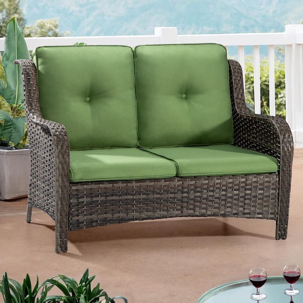 Brown Wicker Outdoor Couch Patio Loveseat Deep Seating with Green Cushions