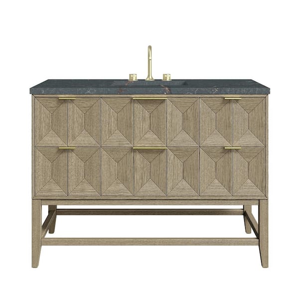 James Martin Vanities Emmeline 48.0 in. W x 23.5 in. D x 36 in. H Single Bathroom Vanity Pebble Oak and Parisien Bleu Quartz Top