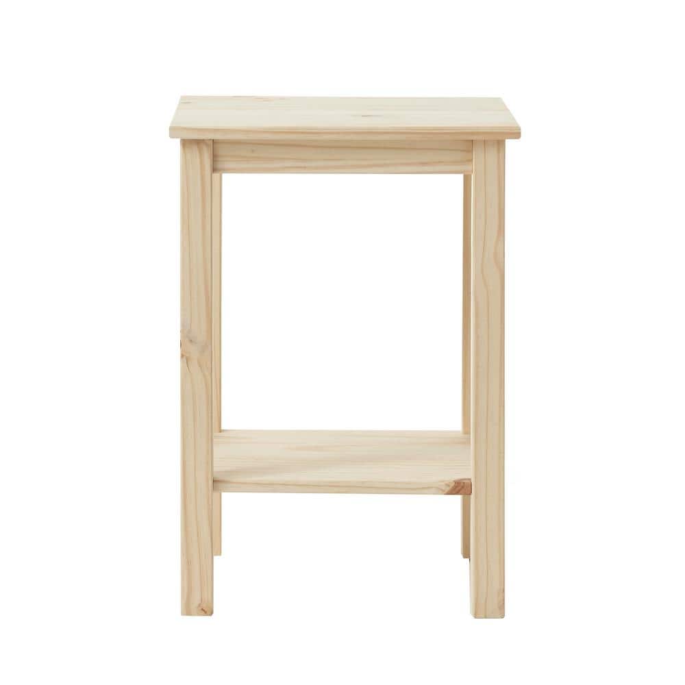 Unfinished Natural Pine Wood Square End Table with Shelf
