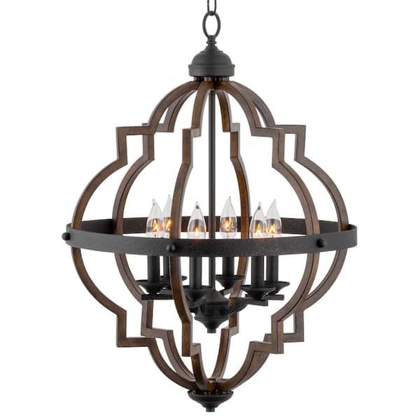 Kira Home Capistrano 60-Watt 6-Light Textured Black Farmhouse Chandelier with Walnut Style Shade, No Bulb Included