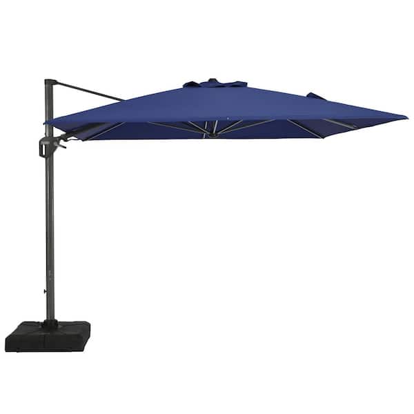 Clihome 11FT Square Cantilever Patio Umbrella with LED Light in Navy Blue(with Base)
