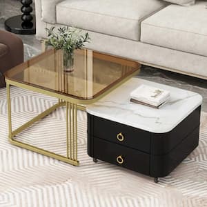 23.6 in. Black/Gold Rectangle Faux Marble Coffee Table with Wheels and Drawers and High Gloss Marble Grain Top