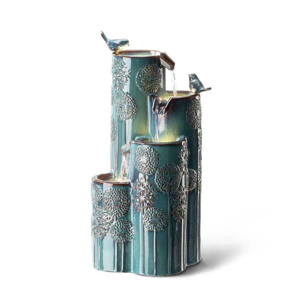 31.75" Turquoise Ceramic 4-Tier Outdoor Fountain with Birds and LED Lights