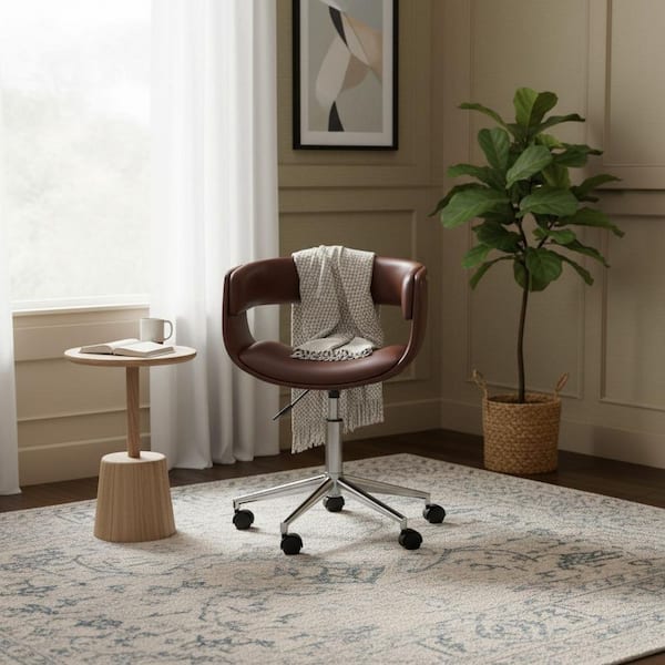 Modern PU Leather Office Chair with Adjustable Ergonomic Seat, Swivel Base, Brown/Chrome