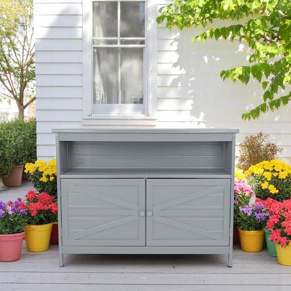 Adirondack Gray Rectangle HDPE 33.5 in. H Outdoor Side Table Consle Table With Storage And Shelves