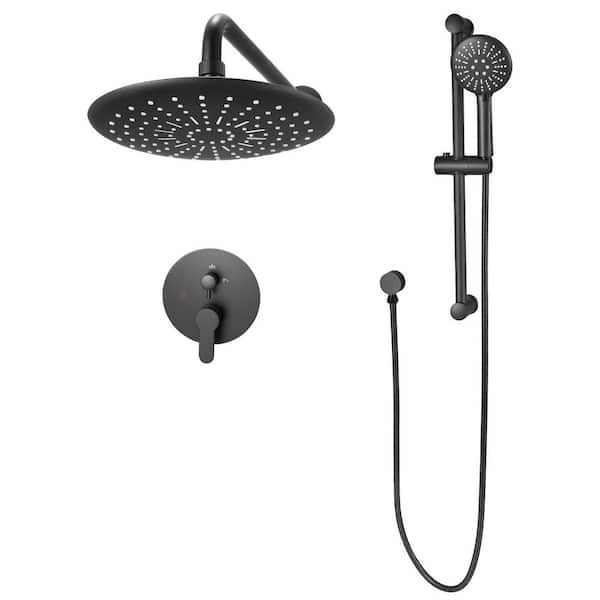 Shower Faucet Set, 3-Spray 9 in. Round Rain Shower Head and Handheld, Wall Mounted Brass Valve, Trim Kit, Matte Black