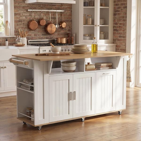White & Wood Grain 72.4 in. W Wine Cabinet, Kitchen Island with Drop Leaf, Cabinet, Flip-down Drawer, Shelves and Wheels