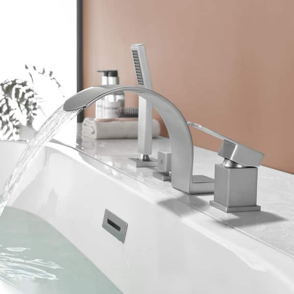 2-Handle Tub Deck Mounted Roman Tub Faucet with Hand Shower, Stainless Steel High Arc Tub Facuet in Brushed Nickel
