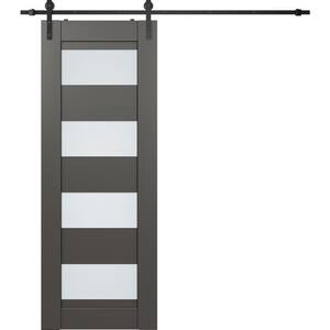 Della 18 in. x 80 in. 4-Lite Frosted Glass Gray Matte Wood Composite Sliding Barn Door with Hardware Kit