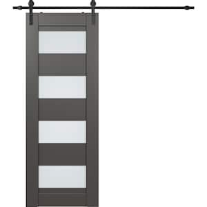 Della 36 in. x 96 in. 4-Lite Frosted Glass Gray Matte Wood Composite Sliding Barn Door with Hardware Kit