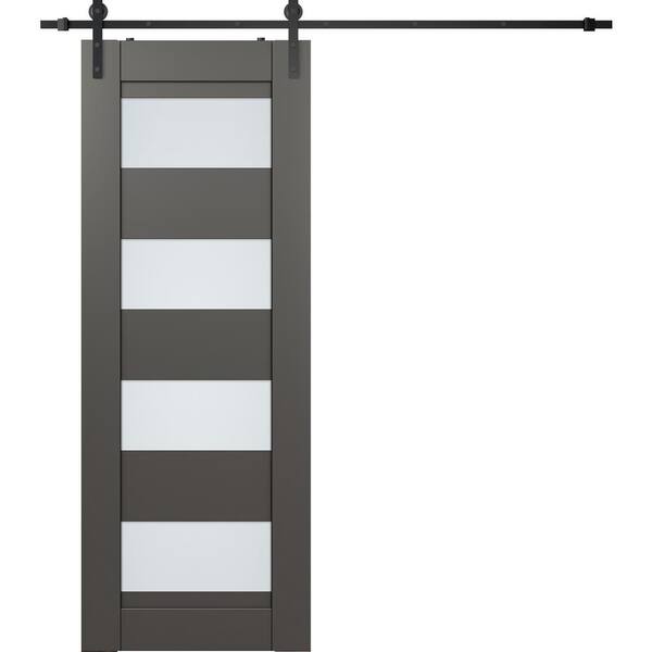 Belldinni Della 18 in. x 84 in. 4-Lite Frosted Glass Gray Matte Wood Composite Sliding Barn Door with Hardware Kit