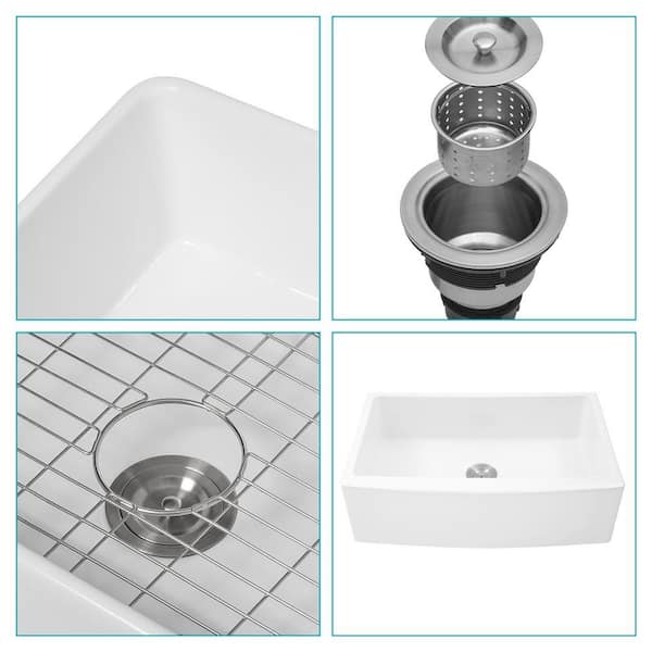 32.5 in. Farmhouse/Apron-Front Single Bowl White Ceramic Kitchen with Bottom Grids and Strainer Basket