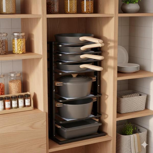 Standing Black Heavy Duty Adjustable 6-Tier Pot Rack for Kitchen Cabinet Organization Holds up to 12 Inch Cookware