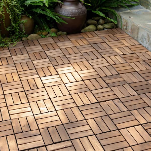 12 in. x 12 in. Square Acacia Wood Interlocking Patio Deck Tile Outdoor Checker Pattern Flooring Tile Pack of 10 Tiles