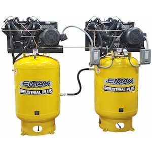 80 Gal. Two 10 HP 1ph Vertical Solo Mounted Alternating Silent Air Compressors withPressure Lube Pump