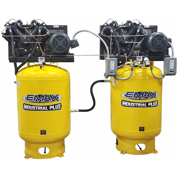 EMAX 80 Gal. Two 10 HP 1ph Vertical Solo Mounted Alternating Silent Air Compressors withPressure Lube Pump