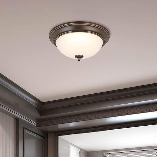 13 in. 180-Watt Equivalent Oil-Rubbed Bronze Integrated LED Flush Mount with Frosted Glass Shade (2-Pack)
