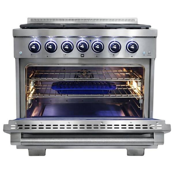 Randolph Pro 36 in. 6-German Brass Burners Freestanding Natural Gas Stainless Steel Range, Blue LED Knobs
