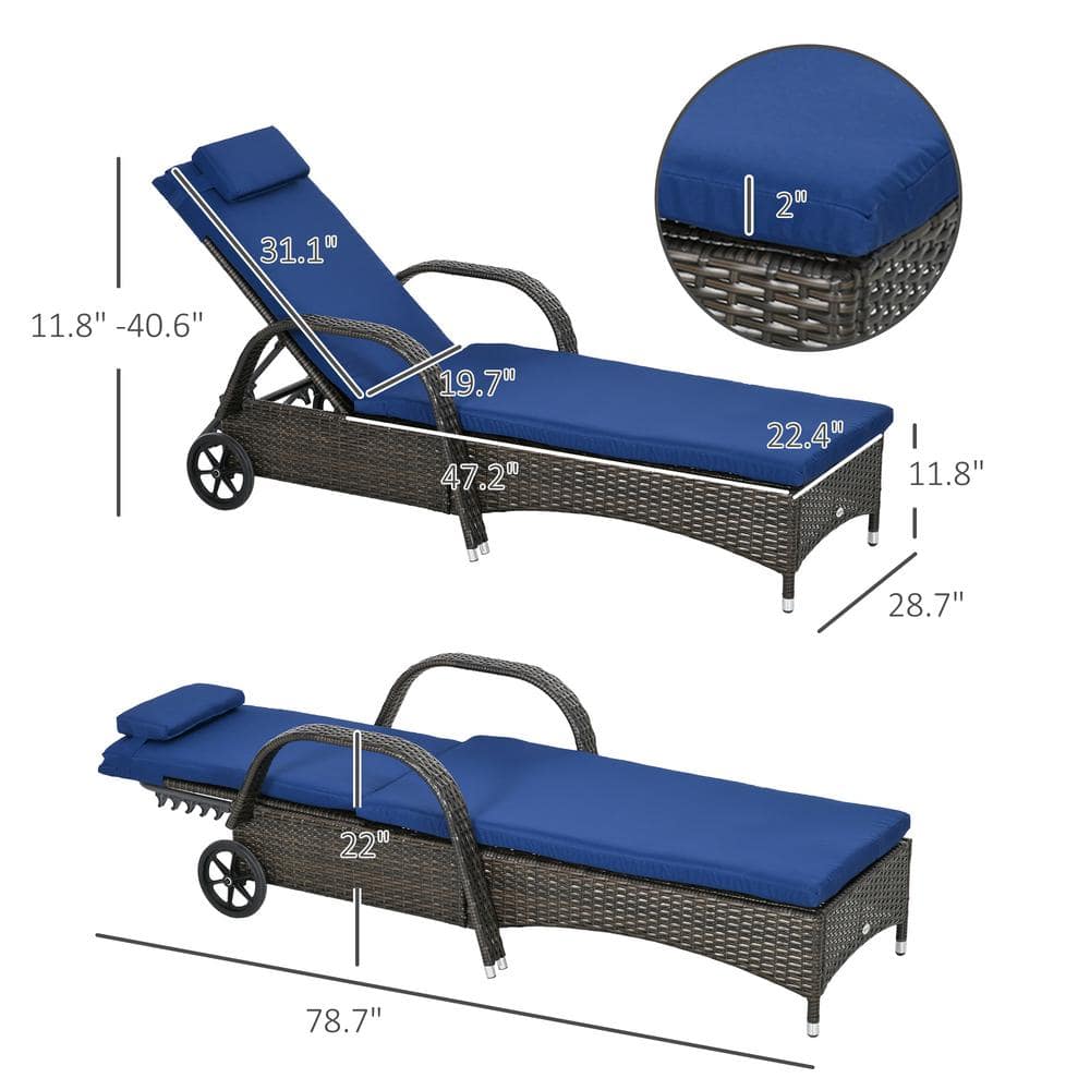 Outsunny Blue Cushioned Wicker Chaise Lounge Set with Adjustable Backrest