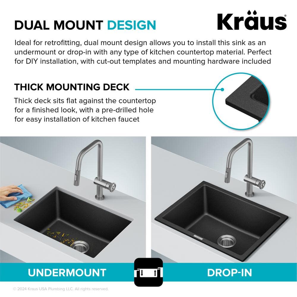 24-Inch Black Granite Drop-In Single Bowl Kitchen Sink