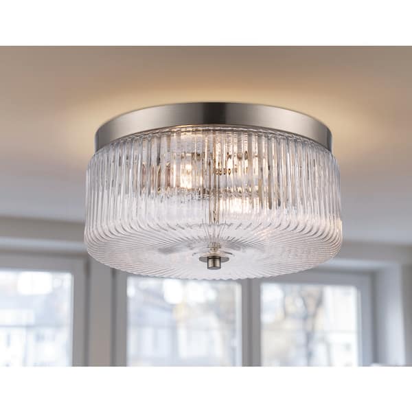 11.75 in. 2-Light Brushed Nickel Flush Mount Ceiling Light Fixture with Clear Ribbed Glass Shade