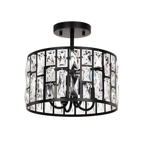 Ellen 14.1 In. 4-light Black Crystal Glass Prism Round Drum Shade Flush Mount