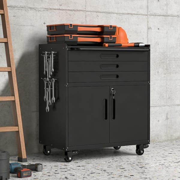 Black 34.3 in. Rolling Metal Tool Cabinet Heavy Duty Garage