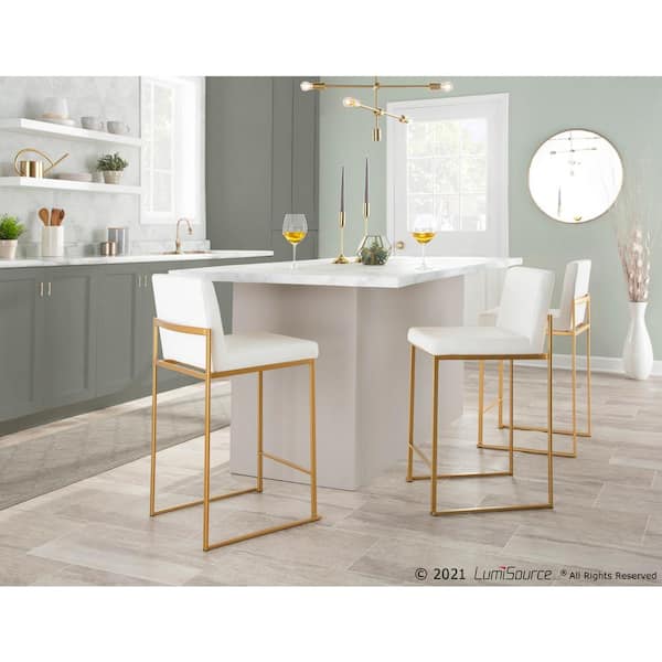 Lumisource Fuji 35 5 In White Faux, Blue And Gold Leather Bar Stools With Backs