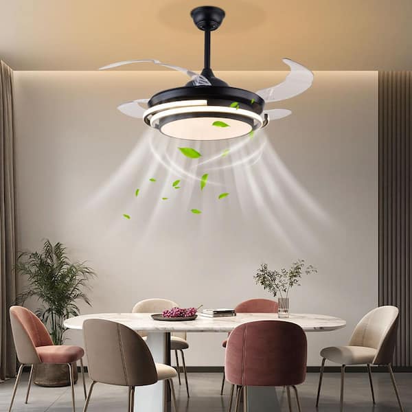 OUKANING 42 in. Modern Black Retractable Blades Integrated LED 