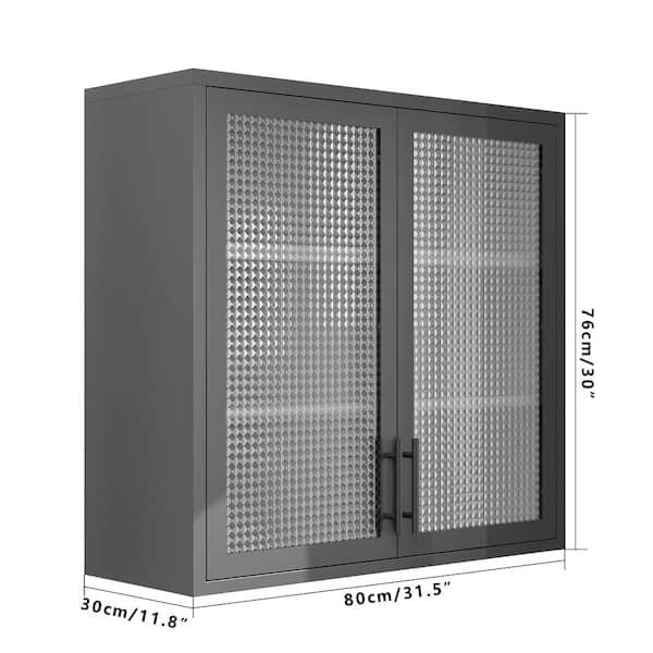 31.5 in. W x 11.8 in. D x 30 in. H Bathroom Storage Wall Cabinet in Black with Waffle-Grids Glass Doors