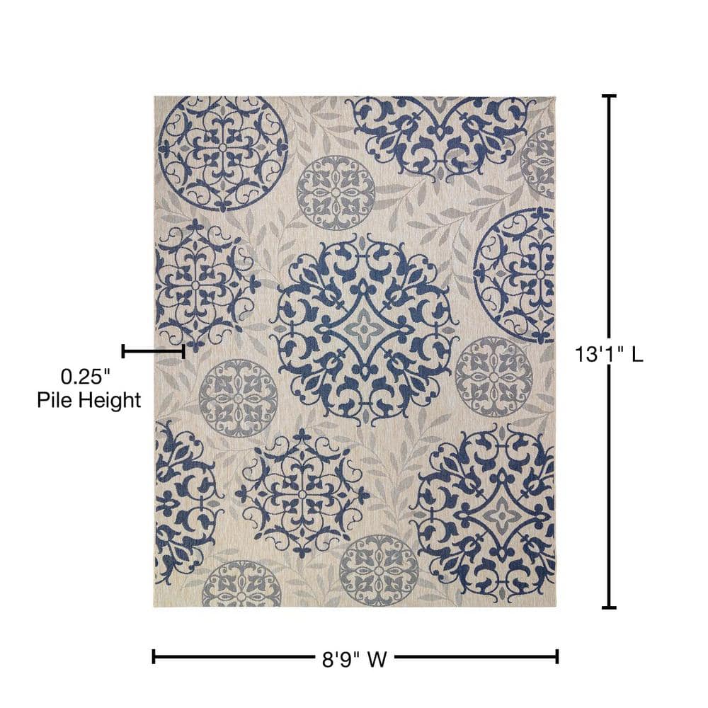 Grain and Navy Synthetic Medallion Outdoor Rug, 8'6" x 13'1"