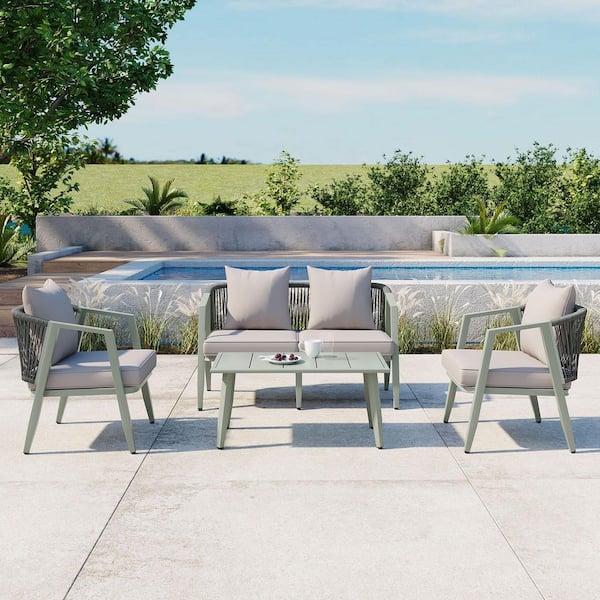 4-piece metal outdoor patio conversation furniture set with wrought iron table and gray cushions for garden, backyard