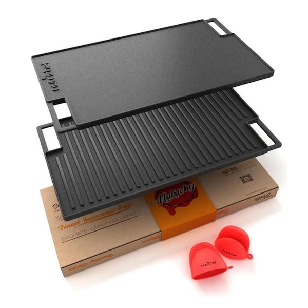 Cast Iron Reversible Grill Plate, 18 Inch Flat & Ridged Skillet Griddle Pan, Fits Two Burners (HDNCCIRG59)