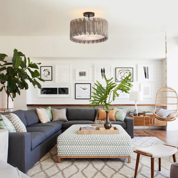 15.5 in. 3-Light Black Farmhouse Semi-Flush Mount With Wood Shade