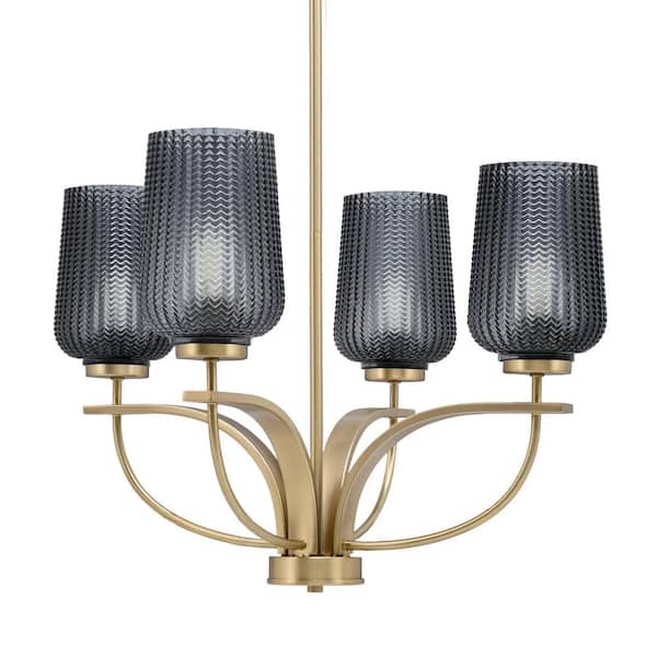 Unbranded Olympia 4-Light Uplight Chandelier New Age Brass Finish 5 in. Smoke Textured Glass