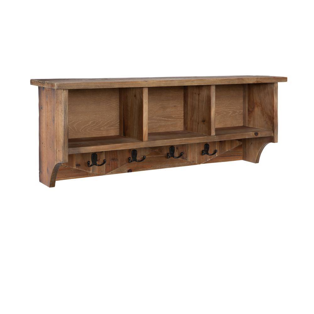 Natural Reclaimed Wood Wall Shelf with Coat Hooks