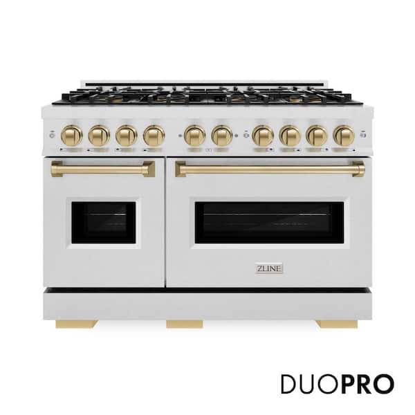 Autograph Edition 48 in. Classic Gas Range with DuoPro Cooktop and Dual Ovens in Satin Steel and Bronze Accents