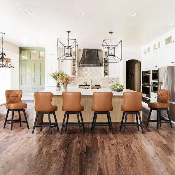 OrangeOne Hampton 26 in. Whiskey Brown Faux Leather Upholstered Counter Stool with Solid Wood Frame Swivel Bar Stool Set of 6
