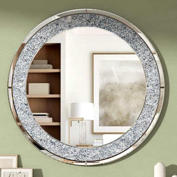 THKSHOUZ Silver 31.5 in. W x 31.5 in. H Modern Round Crushed Diamond Wall Mirror
